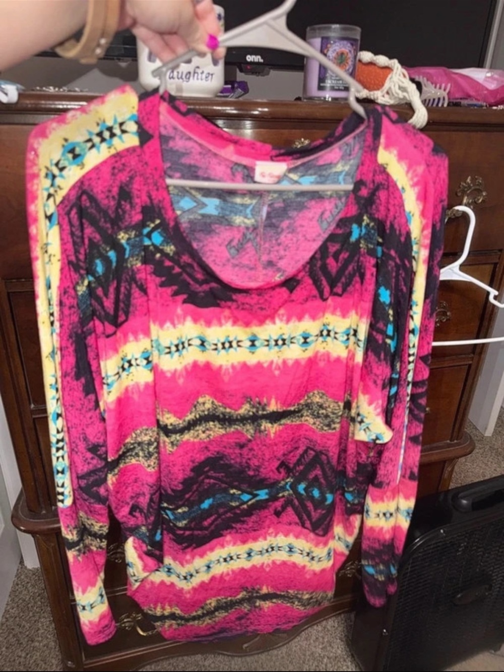 Women’s Bright Pink Aztec-Print Long Sleeve Top